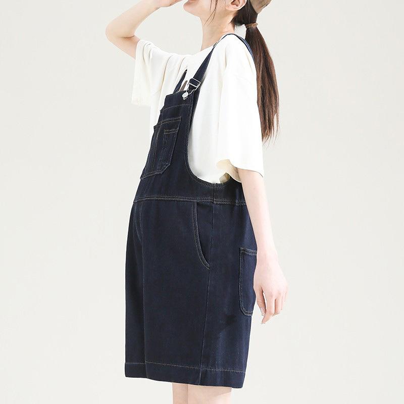 マタニティ デニム サロペット レディース パンツ 薄手 小柄 5分丈 ワイド 大きいサイズ 妊娠 妊婦 綿 伸縮性 ブラック ブルー系