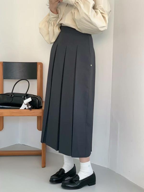 スカート レディース 高腰 プリーツ ロングスカート ポリエステル 無地 韓国風 ファッション ひだスカート Aライン フレア 日常着 体型カバー