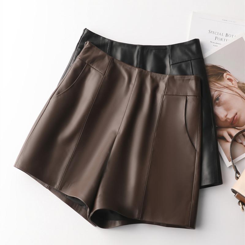 ショートパンツ レディース 秋冬 高見え ラムレザー ワイドレッグ 本革 羊革 ハイウエスト 黒 ブラック コーヒーブラウン 無地 ポケット付き カジュアル