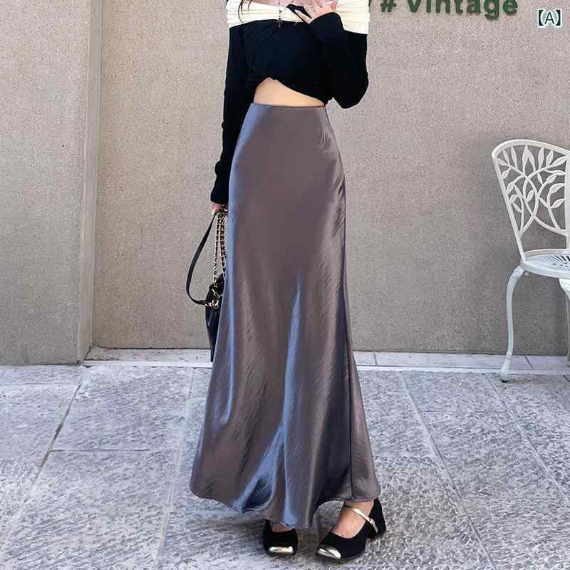 スカート 女性用 春夏 厚手 アセテート 再生繊維 無弾性 Aライン 中長丈 包みスカート 魚尾スカート ハイウエスト グレー ブラウン ブラック 気品 高級感 御姐風 私服 通勤 普段使い 軽量 切り替え ビッグシルエット Vネック