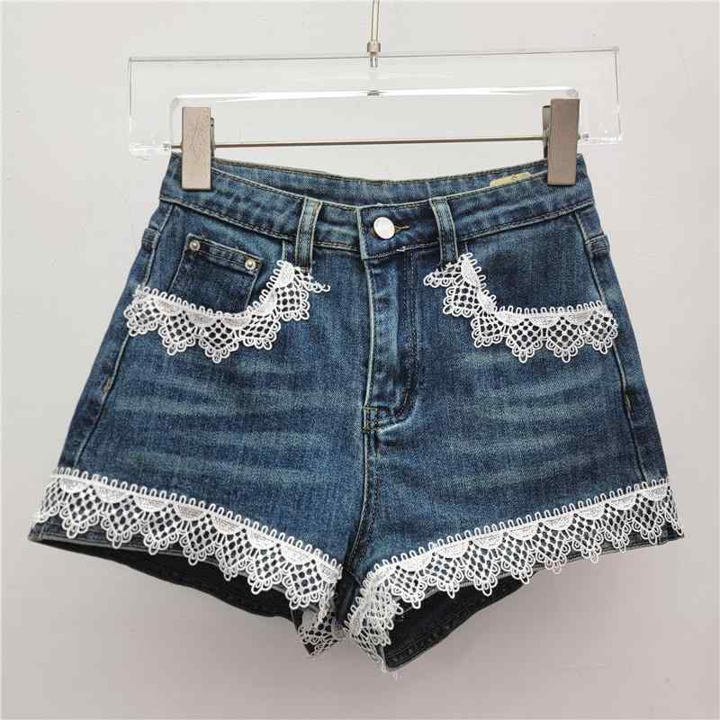 デニム レディース ホットパンツ ローライズ レース 切り替え デザイン ポケット付き ストレッチ スリム ブラック ブルー グレー ホワイト 伸縮性 普段使い 韓国ファッション ストリート