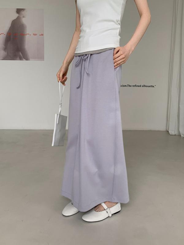 半身スカート 女性用 春夏 Aライン ロング丈 コットン 綿素材 純色 シンプル 韓国風 ドローストリング 紐調整 泥灰 ブラック 紫 無地 ゆったりシルエット 日常使い 軽量 スタイリッシュ