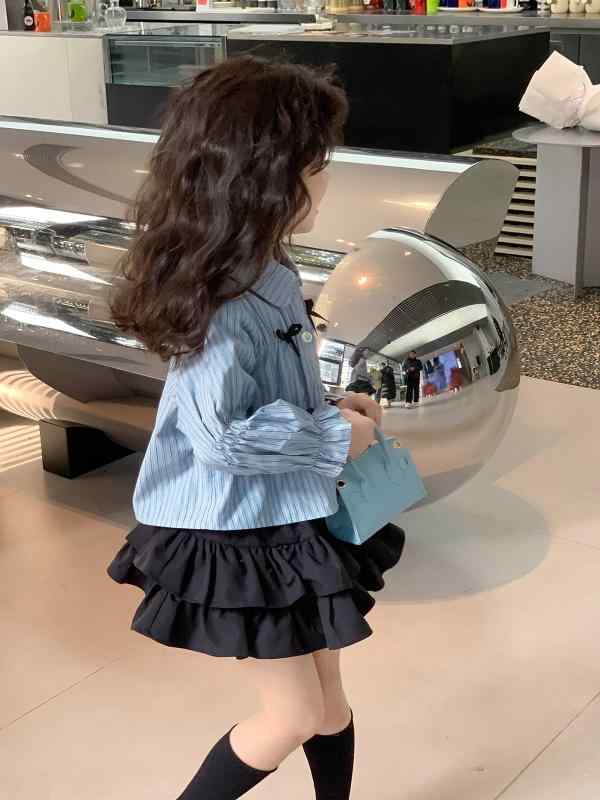 子供服 セットアップ 女の子 ストライプ シャツ プリーツスカート 2点セット かわいい おしゃれ 春物 長袖 ポリエステル