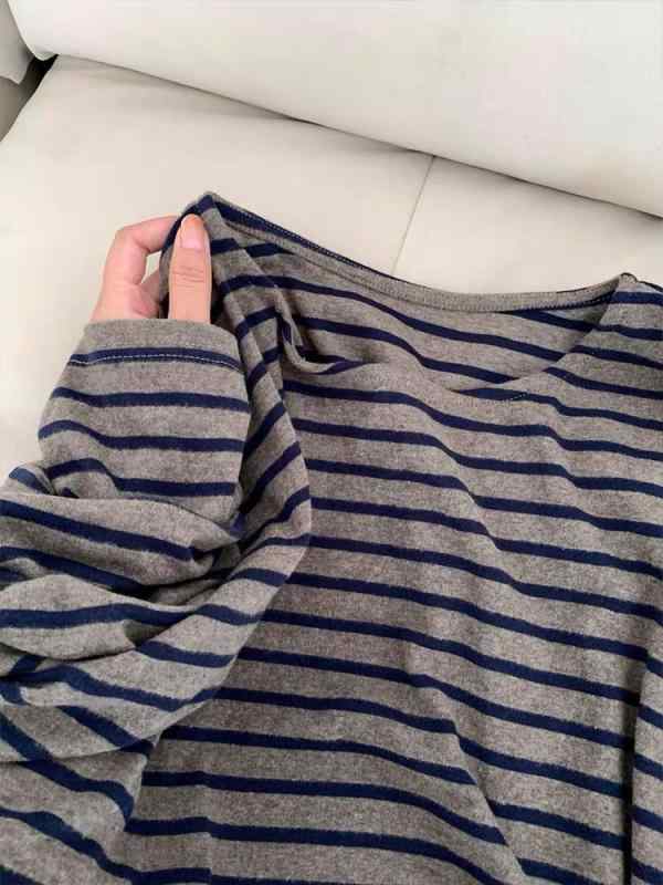 Tシャツ レディース 秋冬 ラウンドネック 灰青 ストライプ柄 柔らか 長袖 トップス 部屋着 ゆったり 普段使い 通勤 かわいい 学院風