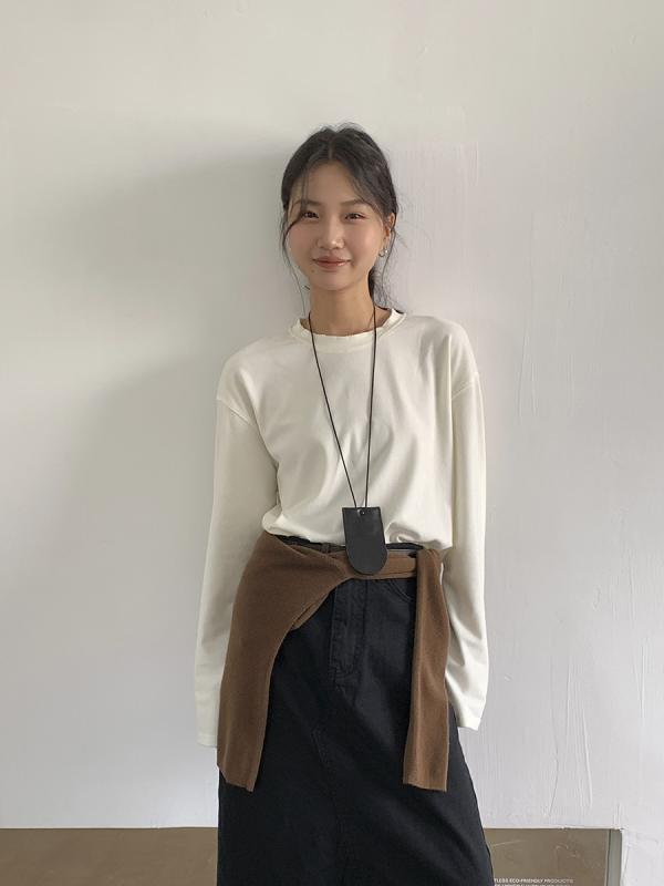 Tシャツ レディース カットソー 長袖 ゆったり トップス 韓国風 ミドル丈 コットン混紡 秋色 6色展開 ラウンドネック 普段使い 部屋着