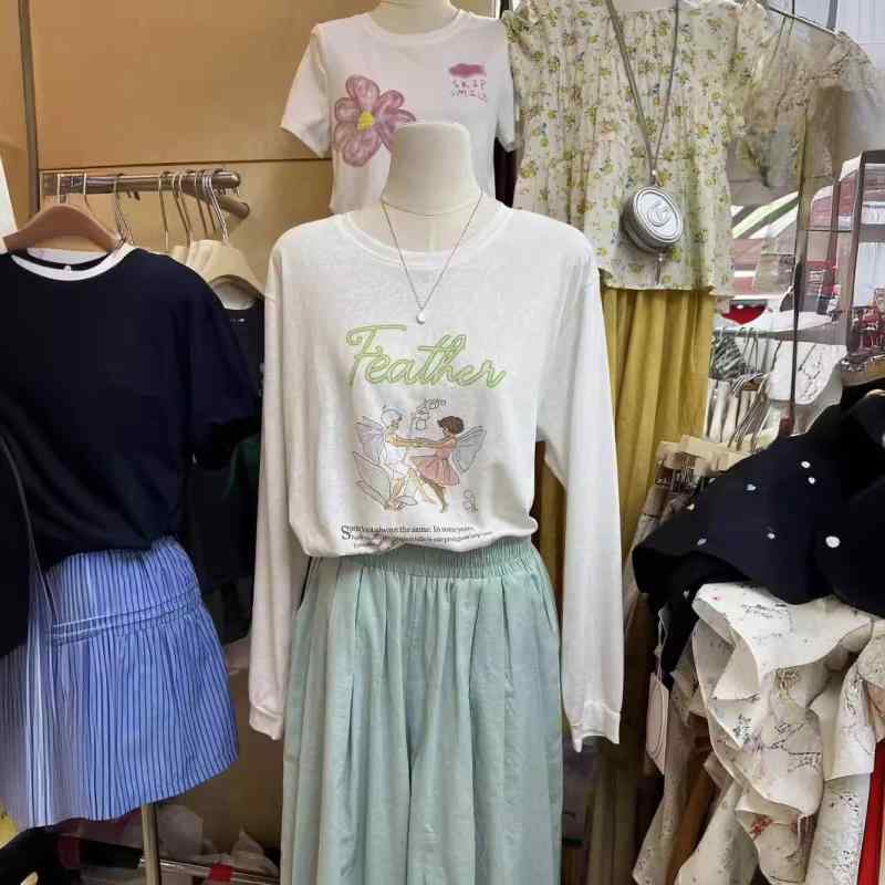 Tシャツ レディース 韓国風 かわいい 天使プリント 長袖 ゆったり コットン トップス 日韓カジュアル