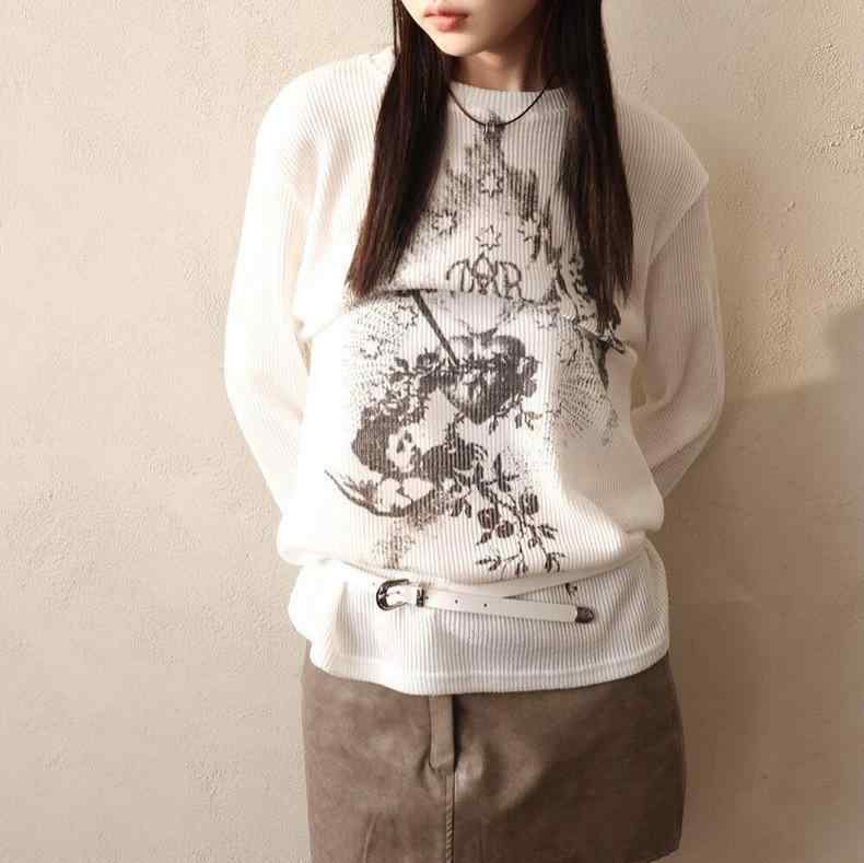 Tシャツ レディース ラウンドネック 長袖 ストリート カジュアル ゆったり プリント ホワイト ポリエステル 日韓スタイル