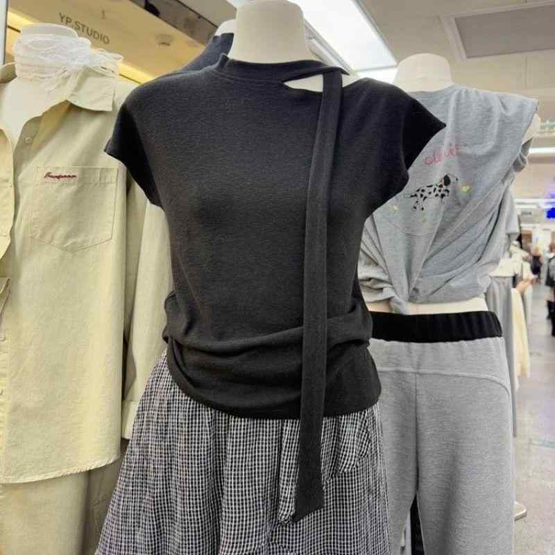 Tシャツ レディース 春夏 きれいめ 通勤 トップス カットソー モダール 無地 長袖 スリムフィット リボン付き ミディアム丈 オフィスカジュアル エレガント 米白 ダークグレー