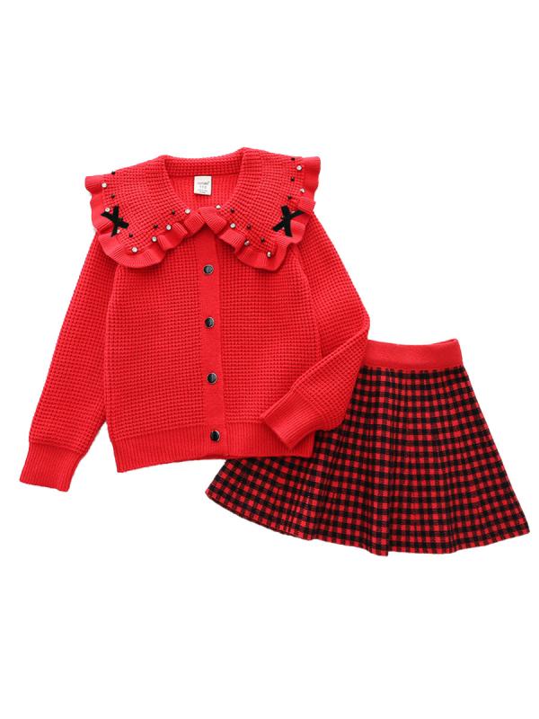 子供服 ニット セットアップ 大襟 カーディガン 膝丈スカート 2点セット かわいい ガーリー 女の子 秋冬 普段使い