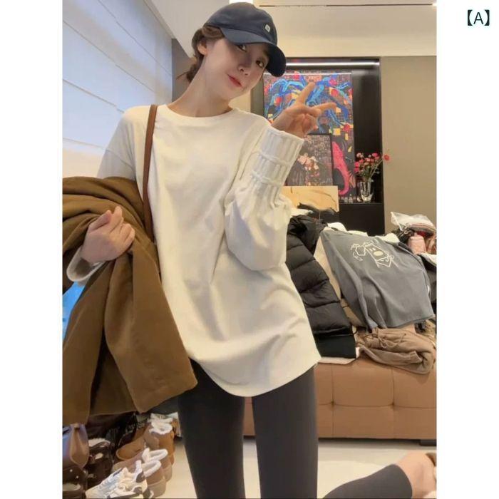 Tシャツ レディース 長袖 チュニック丈 ゆったり カットソー ラウンドネック トップス 韓国風 カジュアル きれいめ フェミニン 無地 オフィスカジュアル 通勤 普段使い 春秋冬