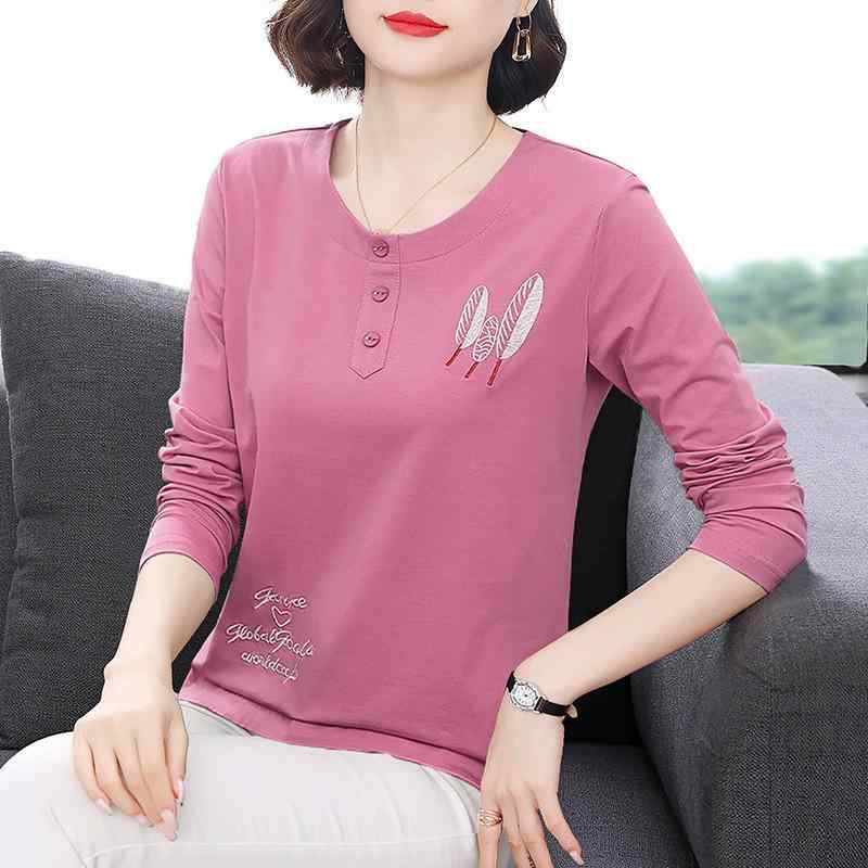 Tシャツ レディース 長袖 秋 トップス 韓国風 綿 ミセス ゆったり 刺繍 刺しゅう ラウンドネック 普段使い 通勤 豆沙レッド アップルグリーン