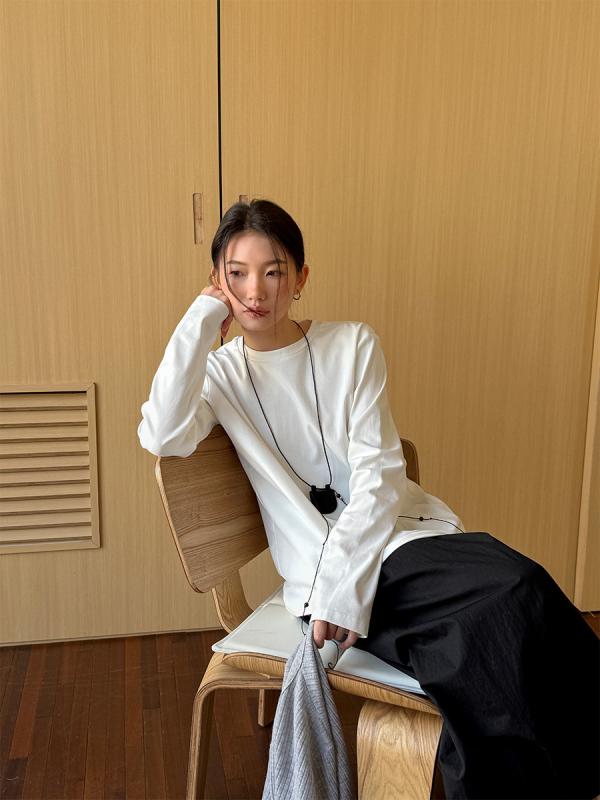 Tシャツ レディース 春夏 長袖 カットソー 韓国風 ゆったり トップス 綿 無地 カジュアル オフィスカジュアル きれいめ ブラック ホワイト グレー ブルー グリーン 体型カバー