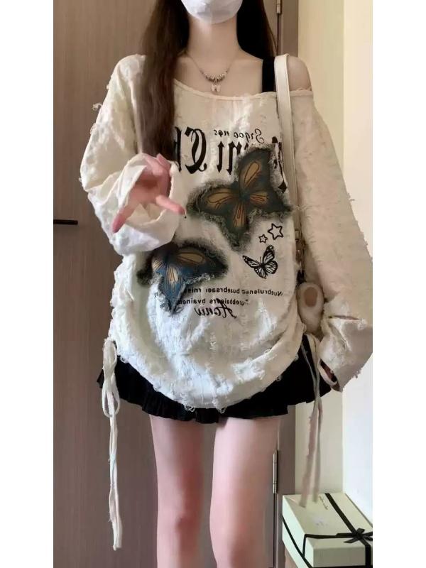 Tシャツ レディース 春秋 韓国風 長袖 肩出し ゆったり デザイン 杏色 トップス 通勤 通学 普段使い ポリエステル