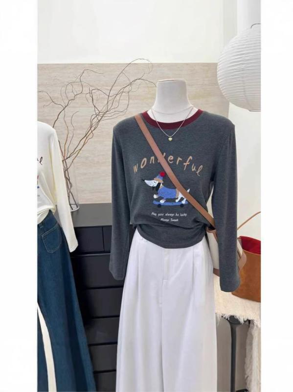 Tシャツ レディース 秋冬 長袖 韓国風 ドッグプリント ラウンドネック カットソー トップス ゆったり かわいい 普段使い