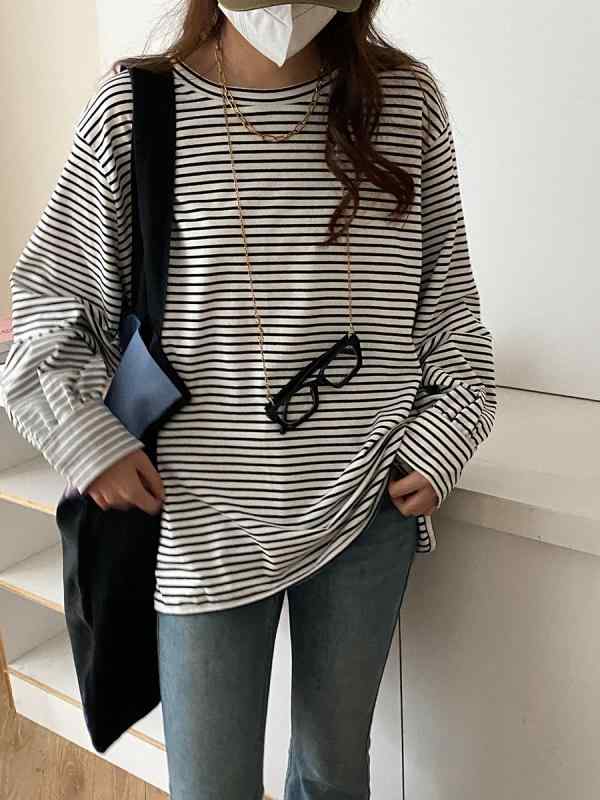 Tシャツ レディース 韓国風 切り替え ストライプ柄 コットン ゆったり 長袖 トップス チュニック丈 体型カバー カジュアル 通勤 ブラック ホワイト 黒白