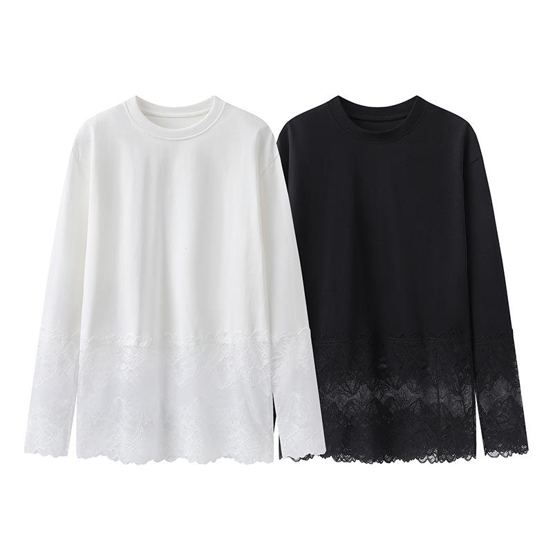 Tシャツ レディース レース トップス 韓国風 春 中長丈 カットソー 白 黒 M L XL レイヤード風 普段使い ポリエステル 文芸復古