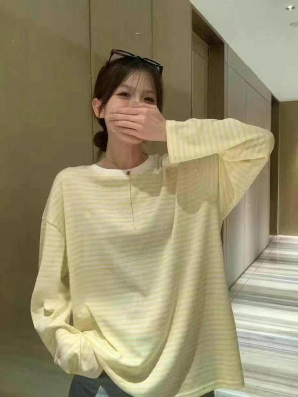 Tシャツ レディース 韓国風 ストライプ柄 長袖 カットソー トップス ラウンドネック ゆったり 綿90% 黄色 ピンク系 春秋 カジュアル