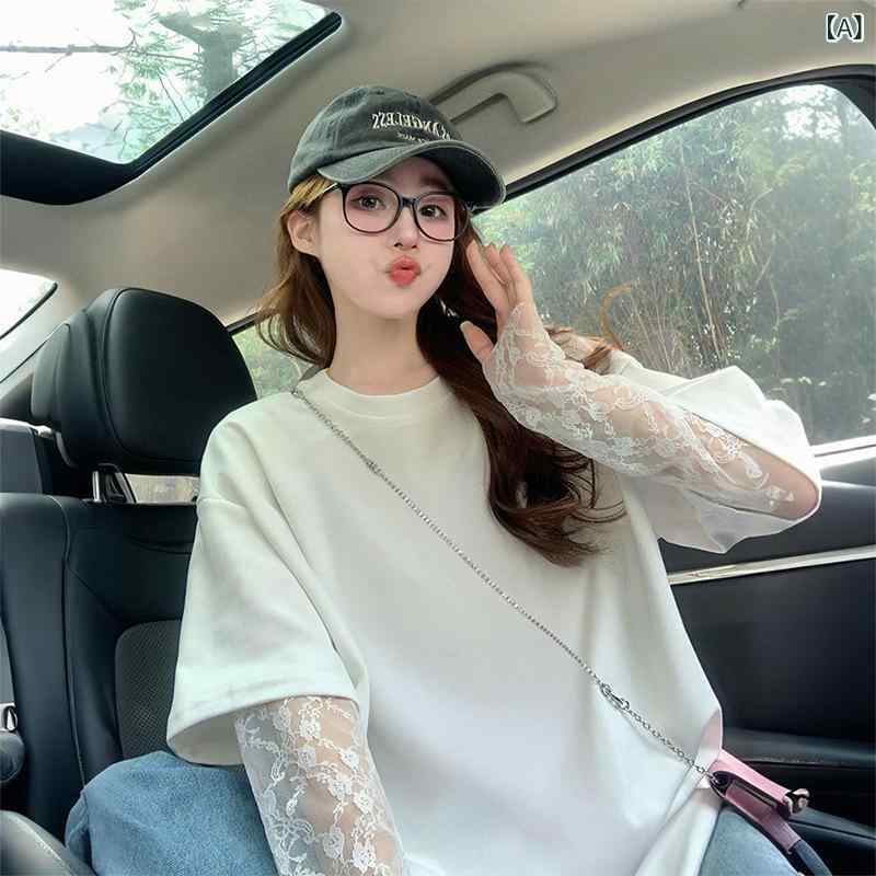 Tシャツ レディース レース袖 切り替え ラウンドネック 半袖 コットン ゆったり 薄手 トップス 春夏 白色 黒色