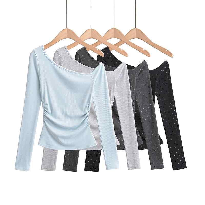 Tシャツ レディース 長袖 秋冬 韓国風 斜め襟 肩出し スリム トップス 通勤着 普段使い ポリエステル 70% 80% 接触冷感 無地 ブラック グレー ブルー