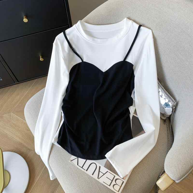 Tシャツ レディース 韓国風 おしゃれ 切り替え 長袖 トップス 着痩せ スタイルアップ 通勤 普段使い ホワイト グレー 春秋