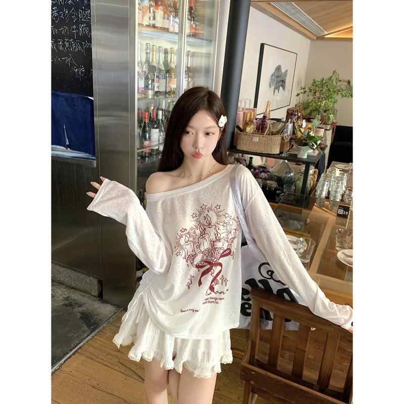Tシャツ レディース 春夏 薄手 斜めがけ 長袖 トップス プルオーバー カットソー ゆったり 体型カバー ラウンドネック 通勤 接触冷感 プリント