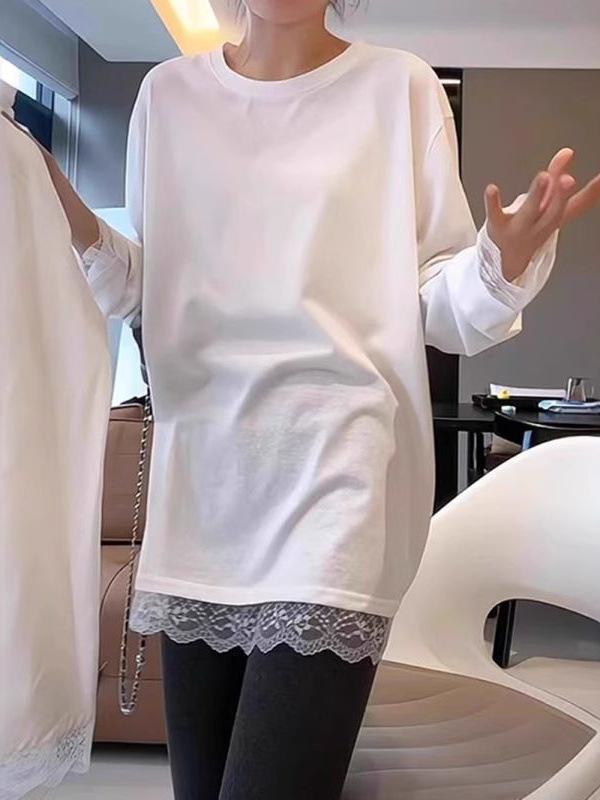 Tシャツ レディース 長袖 丸首 レース 花柄 切り替え トップス 春秋 韓国風 ゆったり 白色 カットソー