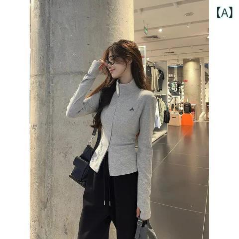 Tシャツ レディース 長袖 立襟 刺・墸 ダブルジップ パーカー 韓国風 スリム 着痩せ デザイン 灰色 黒色 トップス アウター カジュアル