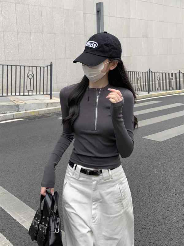 Tシャツ レディース トップス 長袖 春秋 スリムフィット ラウンドネック ジッパー コットン カジュアル 私服名媛 スタイル