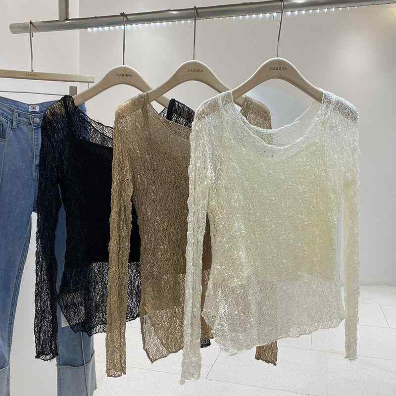 Tシャツ レディース レース 修身 長袖 トップス 薄手 アシンメトリー 切り替え 透け感 ポリエステル 黒 ブラック 白 オフホワイト ベージュ レンガ色 春夏