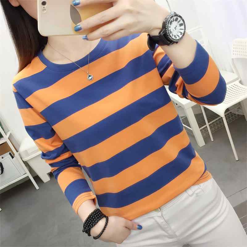 Tシャツ レディース 長袖 春秋 黒 白 ボーダー カットソー 韓国風 ゆったり 大きいサイズ 綿混 トップス ラウンドネック M L XL 2XL 3XL 4XL 5XL 90 105斤 106 120斤 121 135斤 135 145斤 145 1