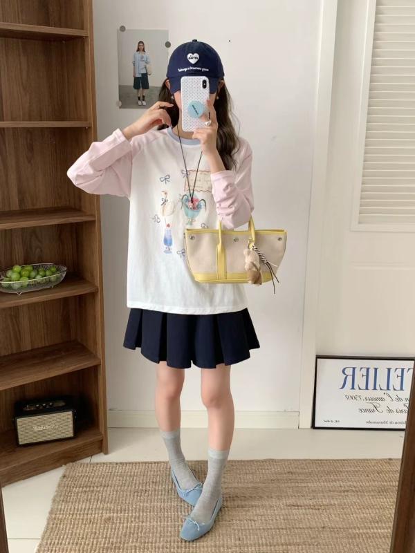 Tシャツ レディース 韓国風 かわいい 漫画柄 プリント ラウンドネック 長袖 プルオーバー ゆったり スリム 薄手 日焼け止め ピンク系 ブルー系