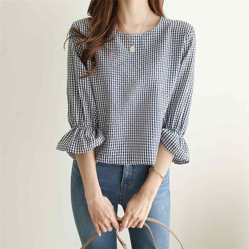 Tシャツ レディース 千鳥格子柄 ラウンドネック カジュアル トップス コットン混紡 ゆったりサイズ 半袖 深青色 M L XL 2XL 春夏