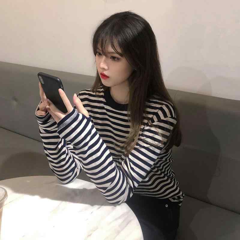 Tシャツ レディース 長袖 ラウンドネック コットン ストライプ 韓国風 ゆったり トップス カットソー インナー 普段使い 通勤 通学