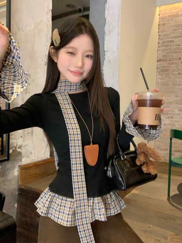 Tシャツ レディース 春 トップス 韓国風 ブラック スリム 長袖 チェック柄 切り替え ラウンドネック 普段使い 日常着