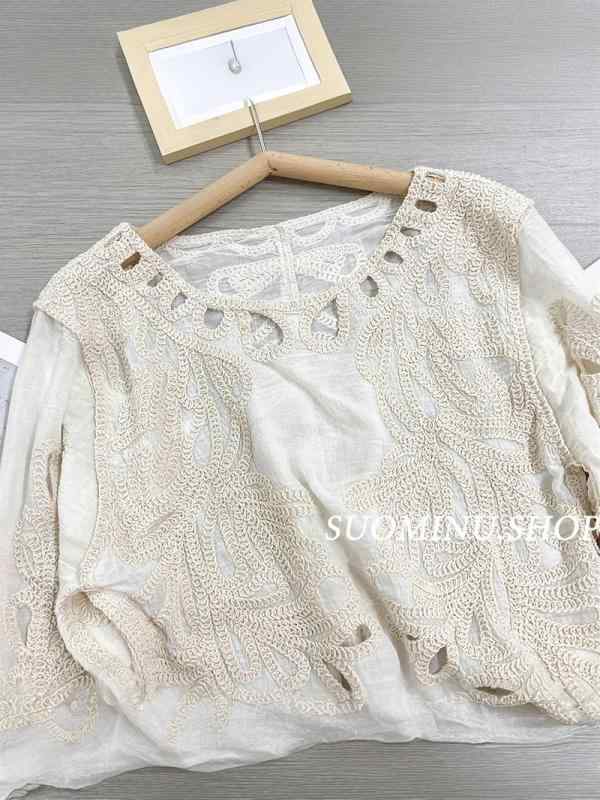 Tシャツ レディース 長袖 春秋 花柄レース ラウンドネック 薄手 杏色 ホワイト カットソー トップス