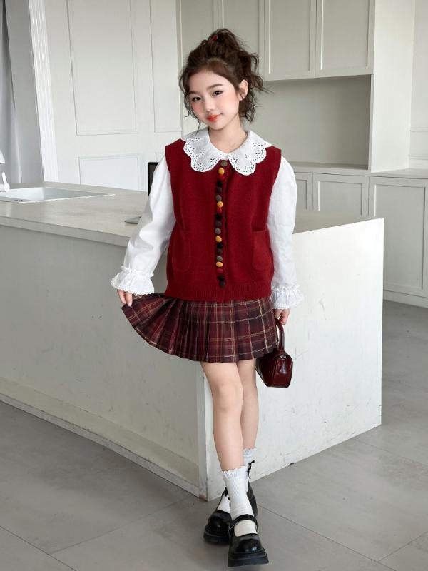 子供服 女の子 ニットベスト シャツ スカート 3点セット 春物 韓国風 おしゃれ かわいい 女児 ガールズ キッズ ジュニア 普段着