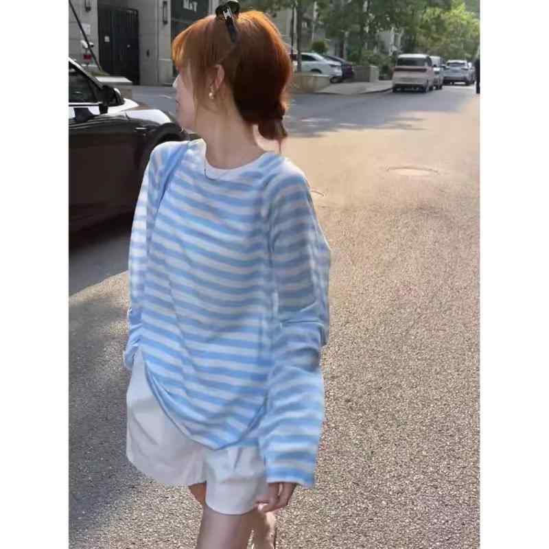 Tシャツ レディース 薄手 カーディガン サマーカーディガン 冷房対策 ゆったり ボーダー トップス カットソー モダール 綿混 ブルー イエロー かわいい 私服名媛風 御姐風 快適 普段使い 長袖