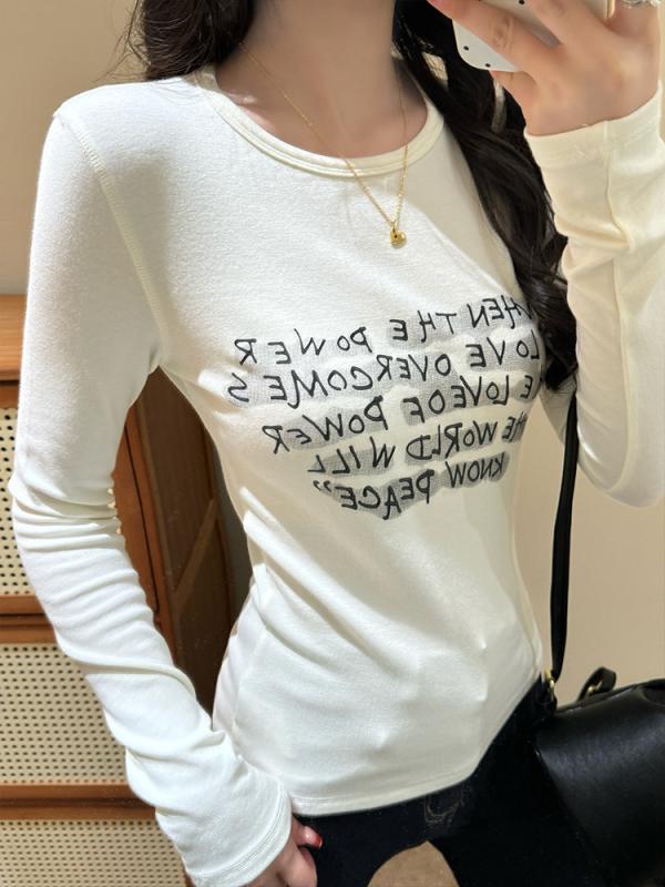 Tシャツ レディース 秋冬 長袖 アルファベット柄 プリント スリム 着痩せ トップス 韓国風 カットソー ラウンドネック 女性用 カジュアル 白 黒 グレー