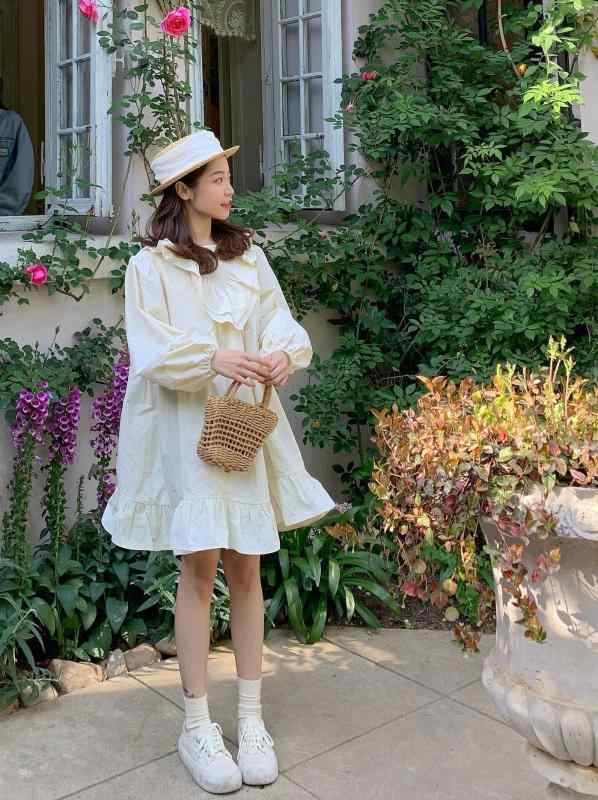 ワンピース レディース かわいい フレンチ レトロ 愛心柄 バルーンスリーブ 膝丈 ゆったり 杏色 4,438円