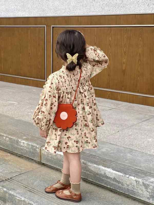 ワンピース キッズ 女の子 春秋 森ガール 襟付き コーヒー色 パフスリーブ ゆったり かわいい 綿 子供服 80 90 100 110 120 130