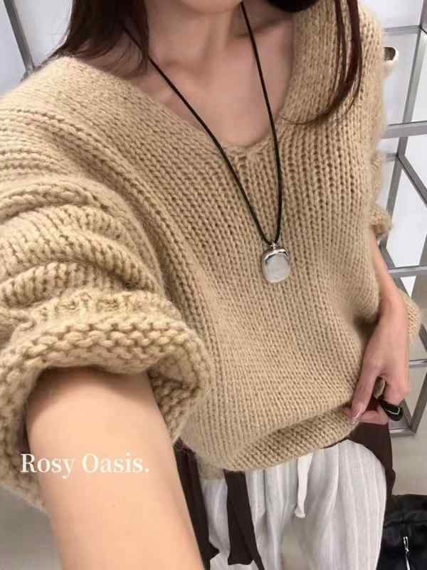ニット レディース Vネック カーディガン ゆったり 暖かい モヘア 秋冬 長袖 ドロップショルダー ランタンスリーブ ニットカーディガン 韓国風 カジュアル ベージュ系｜イーマイショップ