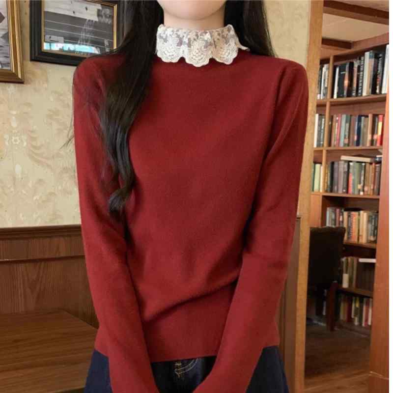 ニット レディース 韓国風 レース 切り替え ハイネック 長袖 トップス 秋冬 伸縮性 プリンセススリーブ きれいめ ブラック ピンク系 レッド