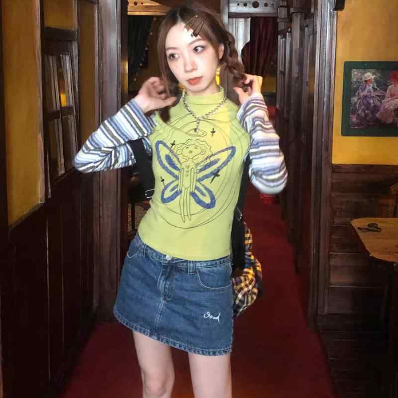 Tシャツ レディース 長袖 韓国風 おしゃれ プリント スリム トップス 学生 カットソー ポリエステル グリーン