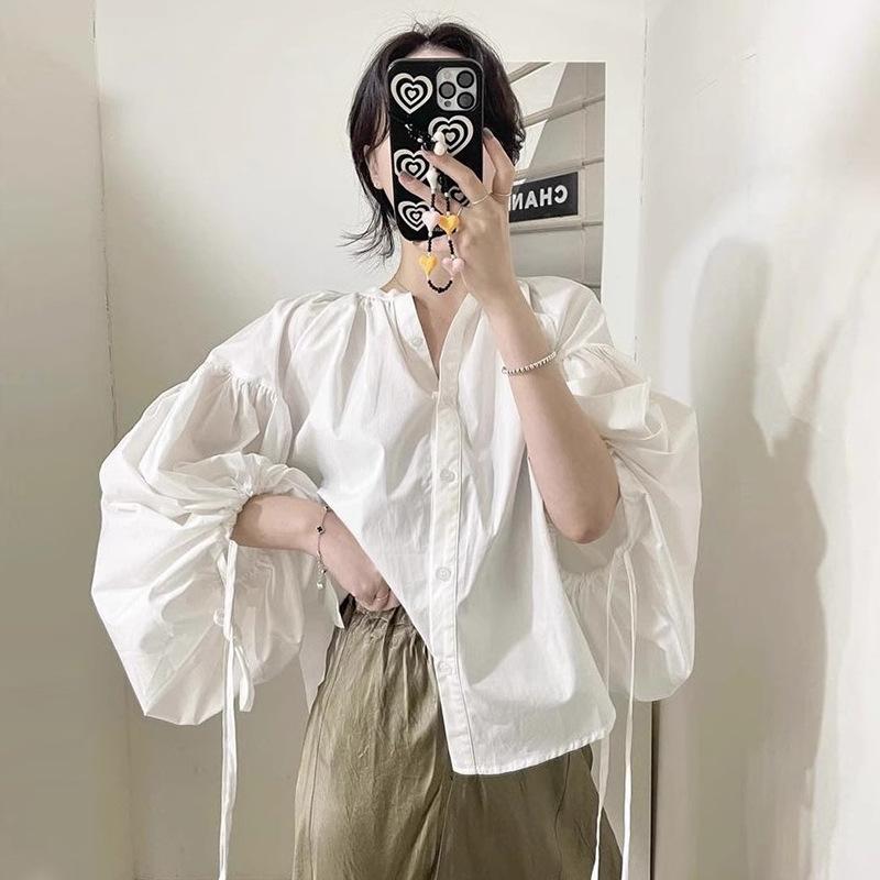 シャツ レディース 春 ブラウス 韓国風 ゆったり デザイン 長袖 トップス 女性用 白 ブルー ポリエステル 接触冷感