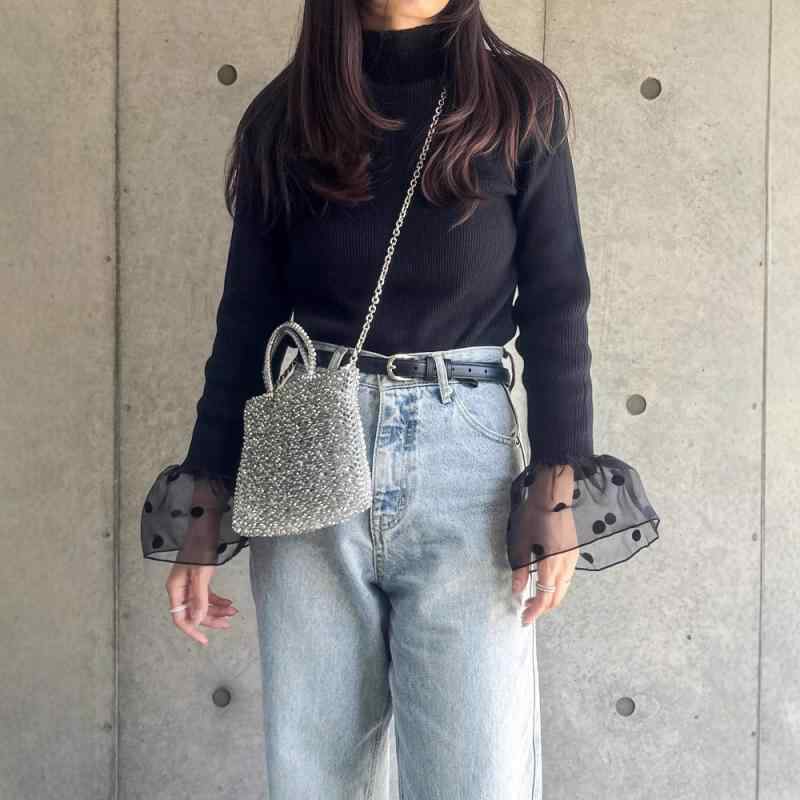 ニット レディース 春秋 薄手 網 ネット 網目 喇叭袖 フレアスリーブ ポリエステル 長袖 トップス プルオーバー カットソー 黒 ブラック ドット柄 水玉模様 日系 韓国風