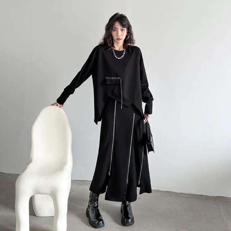 汗水 レディース 秋冬 長袖 ゆったり 黒いこと 表どおり系 非対称 トップス 調教師 カットソー 綿