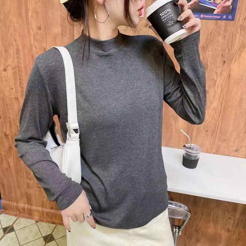 Tシャツ レディース 長袖 カットソー 春秋 韓国風 ストレッチ ゆったりサイズ インナー トップス 無地 綿 カキ色 ピンク系 コーヒー色 深緑色 ダークグレー ブラック オフホワイト