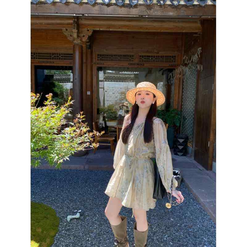 ワンピース レディース 春夏 Vネック 花柄 麻 リネン チュニック ミディアム丈 膝丈 ゆったり ランタンスリーブ 体型カバー おしゃれ かわいい きれいめ カジュアル 韓国風 花杏色｜イーマイショップ