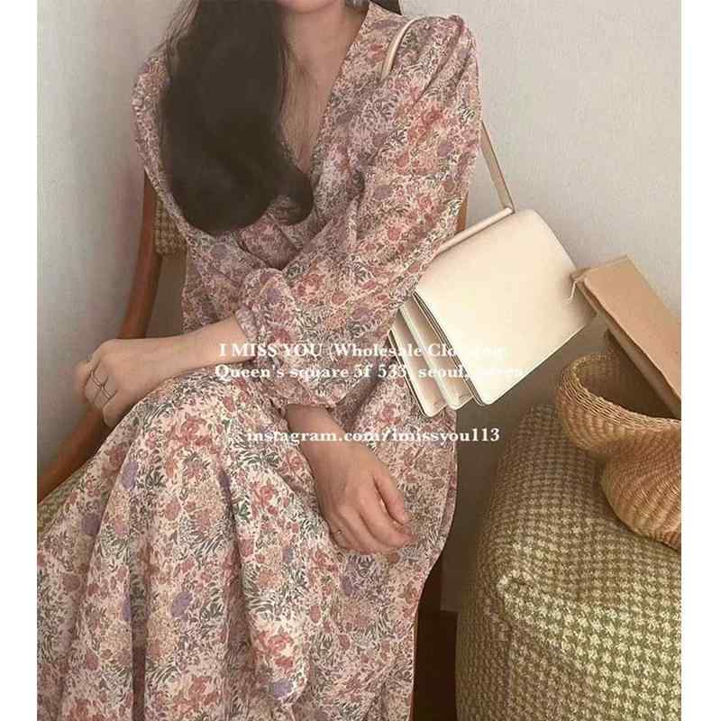 ワンピース レディース Vネック 高腰 絞り ゆったり Aライン レトロ シフォン 碎花 長袖 ロングワンピース 薄手 軽やか 通勤 デート 旅行 ブラック ピンク系