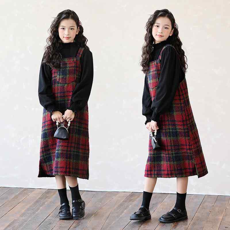 キッズ 女の子 セットアップ 裏起毛 長袖カットソー ジャンパースカート 秋冬 チェック柄 130 140 150 160 165